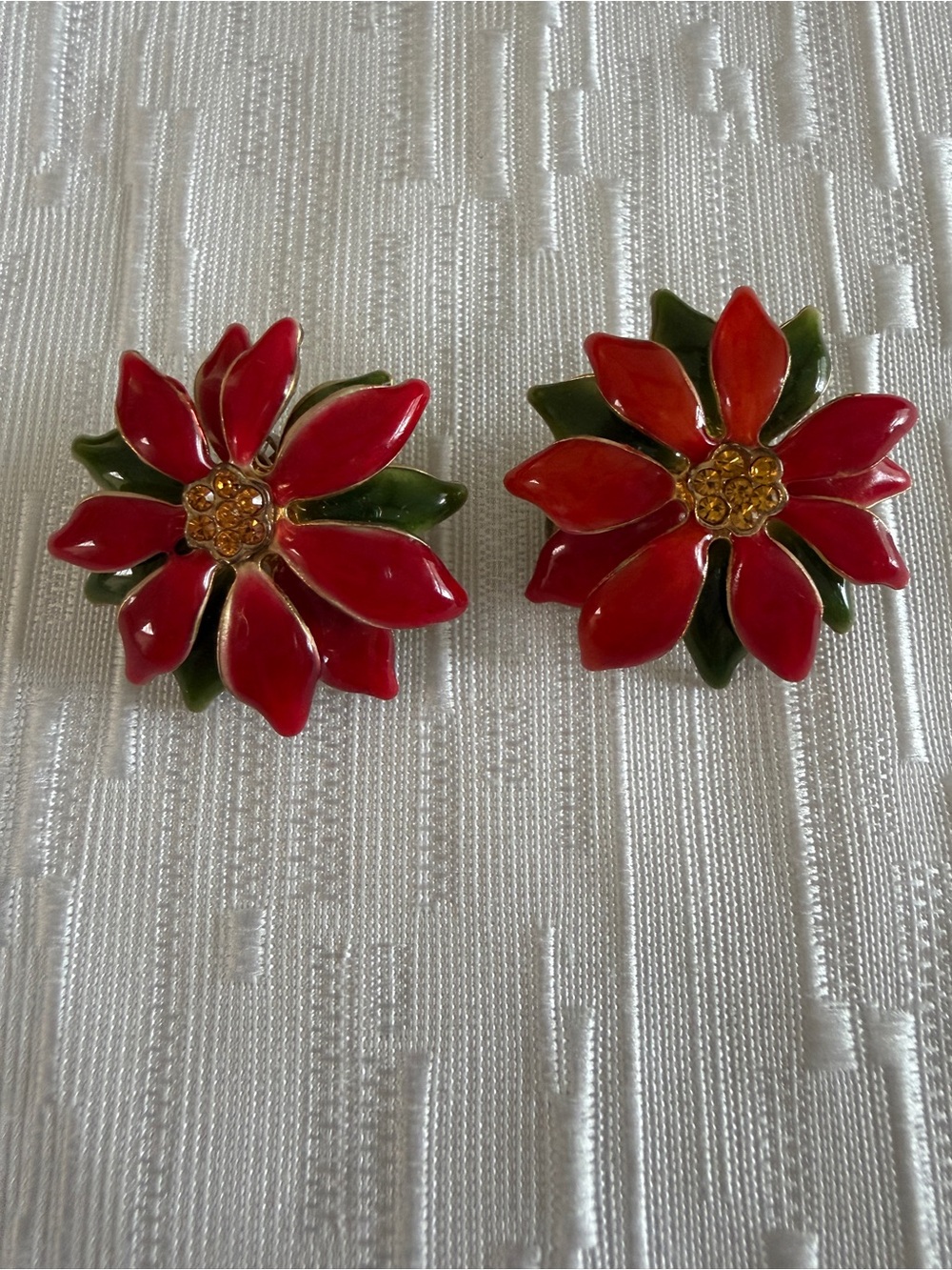 Red Poinsettia Flower Clip-On Christmas Earrings